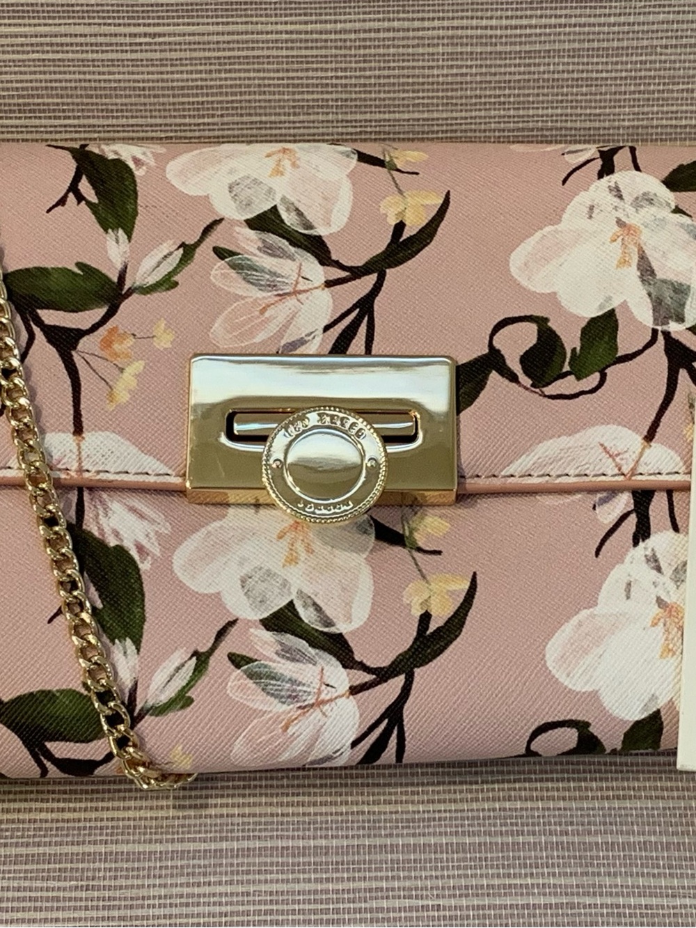 Ted Baker London Parisa Pink Floral Gold Chain Crossbody Clutch Wallet Bag
